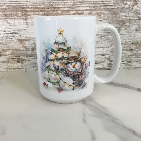 Rustic Snowman with Christmas Tree 15 oz Ceramic Coffee Mug - Picture 5 of 6